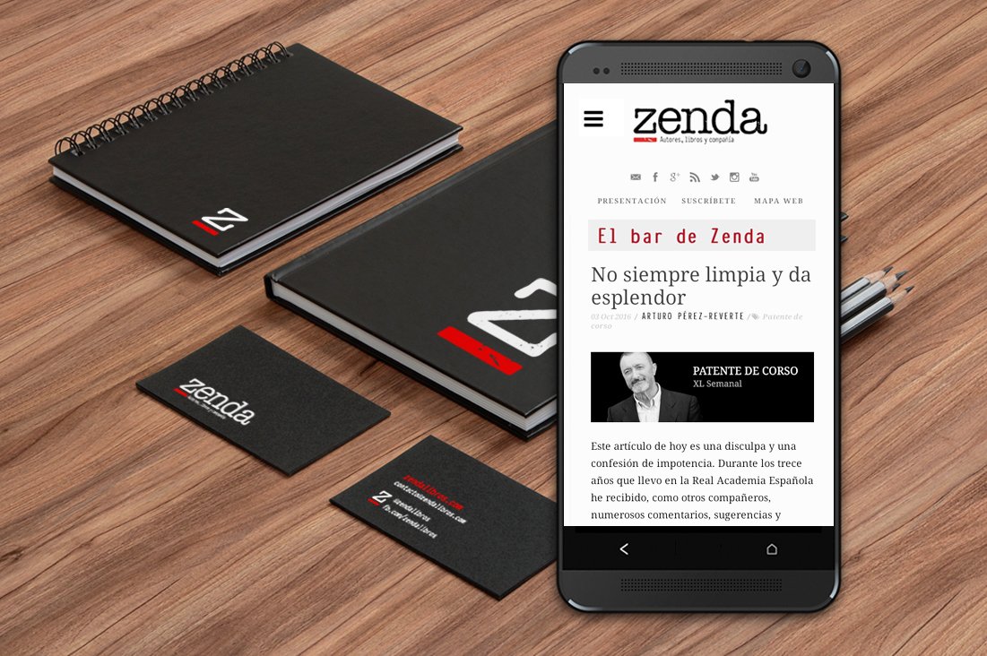 Diseño de la página web de Zenda en versión móvil y aplicación del logotipo en varios soportes